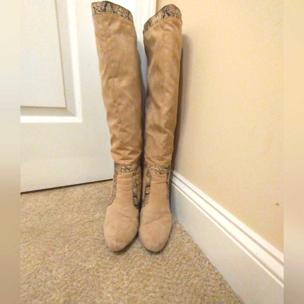 Madeline Stuart Beige High Heeled Faux Suede Boots With Animal Print
